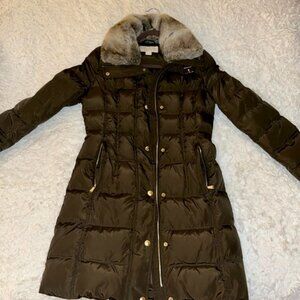 Michael Kors Faux-Fur-Trim Down Olive Green Puffer Coat Jacket Parka Size XL